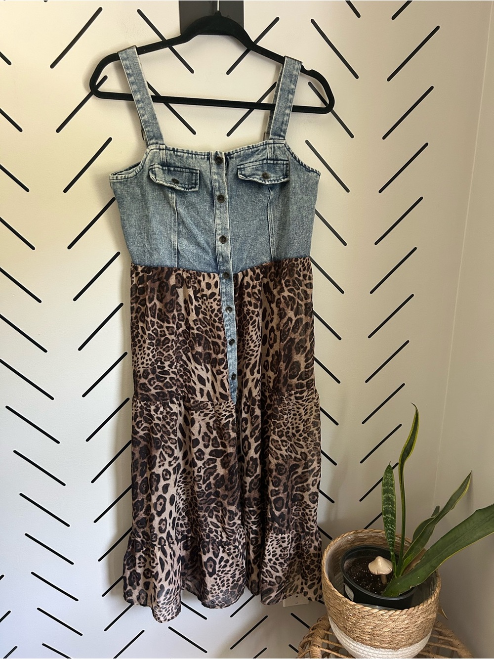 NWOT denim leopard print button up western boho festival dress long shirt